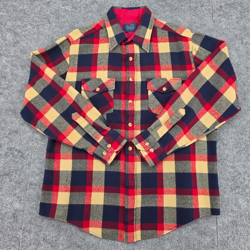 Vintage Sears Mens Plaid Flannel Shirt Large Red Navy Blue Acrylic Workwear 0623